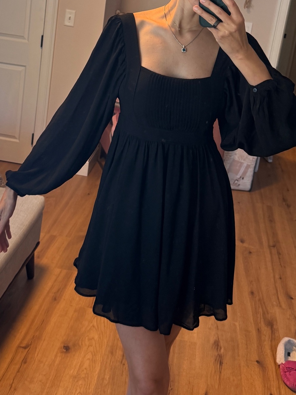 Mango Black Square-Neck Mini Dress with Billowy Sleeves